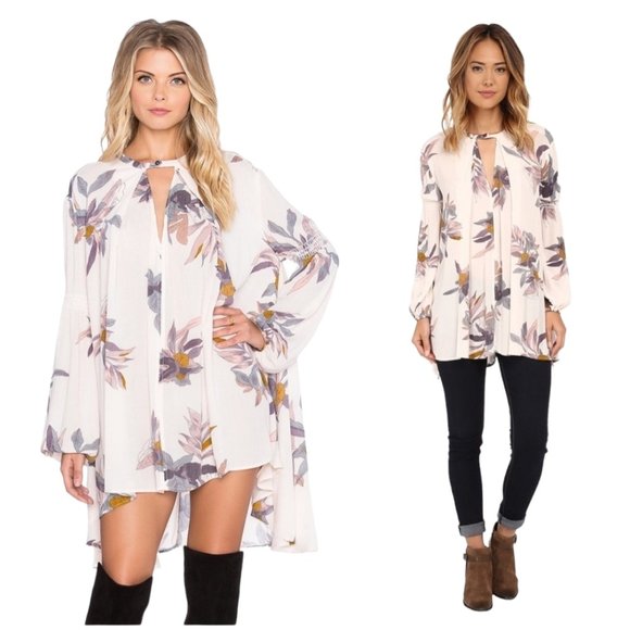 Free People Mini Dress Womens XS Pink Floral Peasant Bohemian Cottagecore - Picture 1 of 11